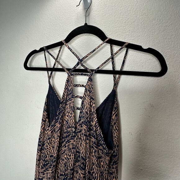 Fora Tan & Navy Front Button Strappy Decorative Back Wide Leg Jumpsuit Small - Picture 9 of 16